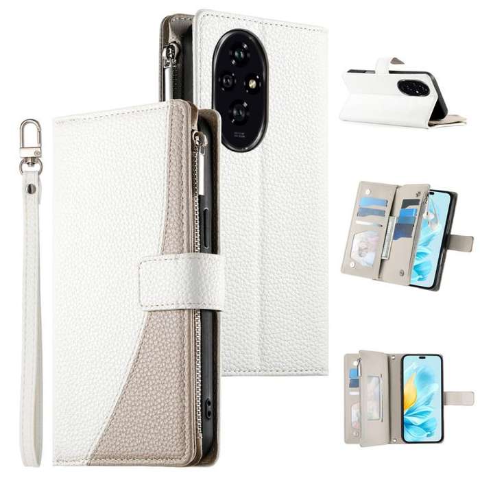 For Honor 200 Stitching Multi-card Zipper Wallet Leather Phone Case with Short Strap(White)