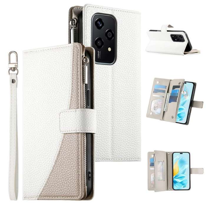 For Honor 200 Lite Global Stitching Multi-card Zipper Wallet Leather Phone Case with Short Strap(...