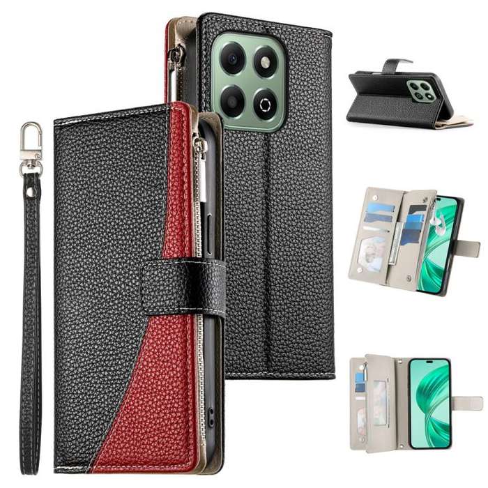 For Honor X6a / Honor X6b 4G Stitching Multi-card Zipper Wallet Leather Phone Case with Short Str...