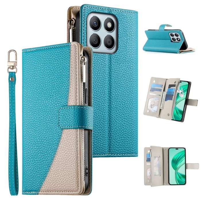 For Honor X8b Stitching Multi-card Zipper Wallet Leather Phone Case with Short Strap(Blue)