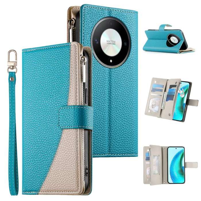 For Honor X50 / Honor X9b Stitching Multi-card Zipper Wallet Leather Phone Case with Short Strap(...