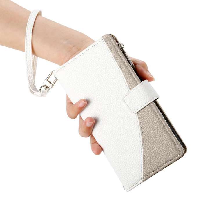 For Sony Xperia 1 VI Stitching Multi-card Zipper Wallet Leather Phone Case with Short Strap(White)