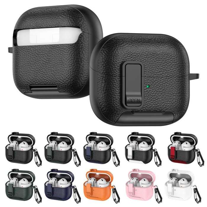 For Samsung Galaxy Buds3 / Buds3 Pro Leather Texture Wireless Earphones Case with Hook & Holder(B...
