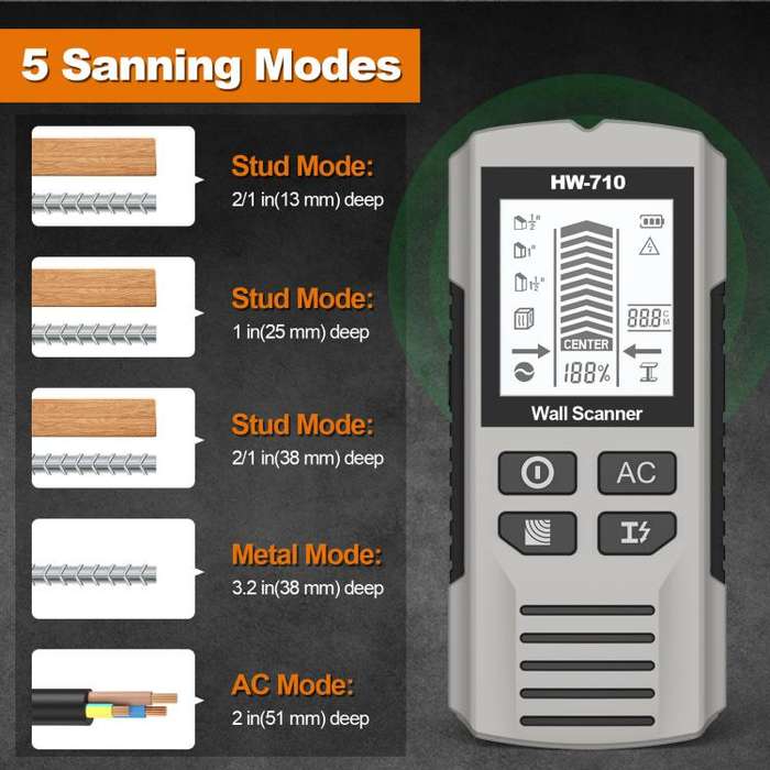 HW-710 5-in-1 Wall Scanner Metal Detector Stud Finder Measuring Instrument(Silver)