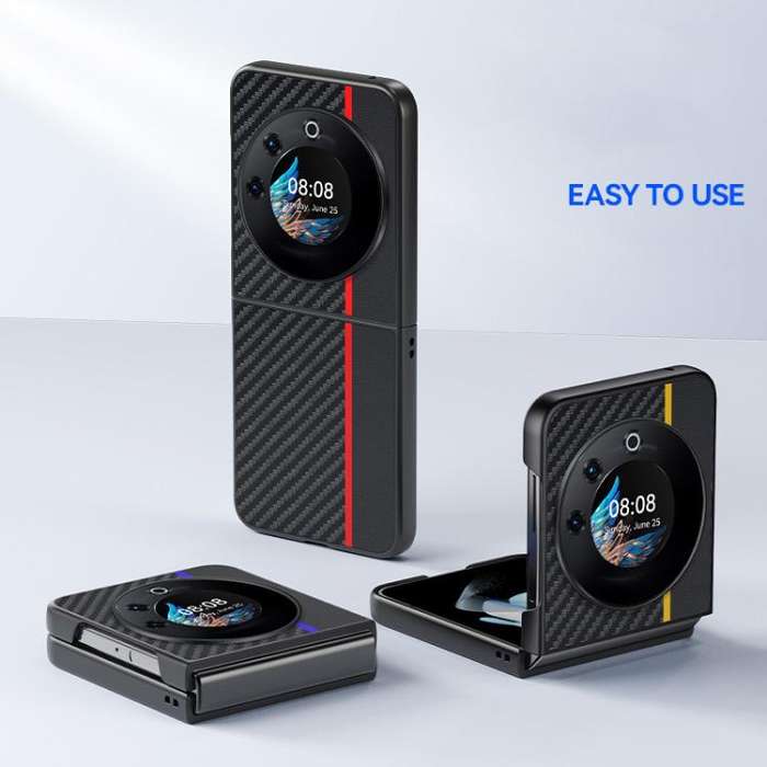 For Tecno Phantom V Flip Ultra-thin Carbon Fiber Texture Printing Phone Case(Black)