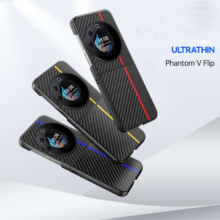 For Tecno Phantom V Flip Ultra-thin Carbon Fiber Texture Printing Phone Case(Black Red)