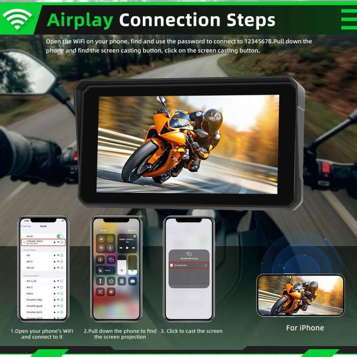 6 inch Motorcycle Wireless CarPlay and Android Auto Display Screen Navigator(Black)