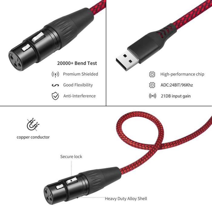 USB-A to XLR Female Audio Recording Cable for Dynamic Microphone, Length:3m(Black Red)