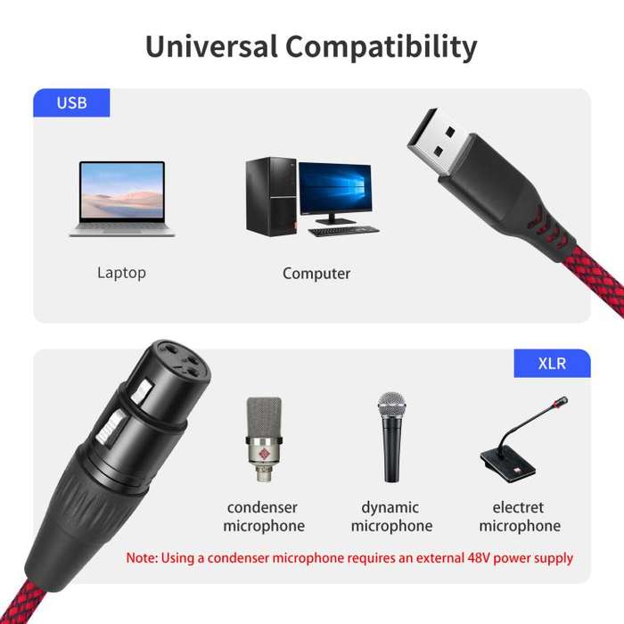 USB-A to XLR Female Audio Recording Cable for Dynamic Microphone, Length:3m(Black Red)
