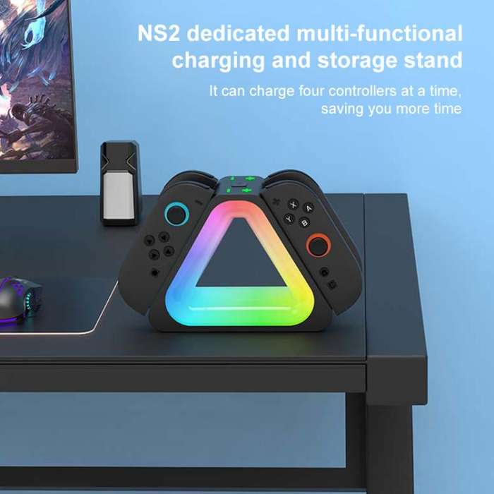 For Nintendo Switch 2 4 in 1 Triangle Handle Charging Base with RGB Light(Black)