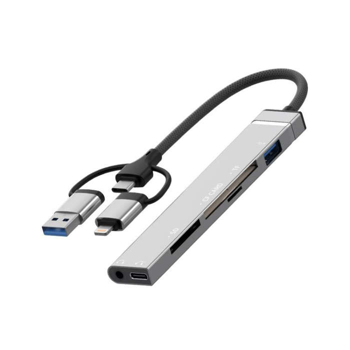 USB / Type-C / 8 Pin to CF / TF / SD Card Reader, 3.5mm HUB Adapter 6 in 1 Docking Station(Silver)