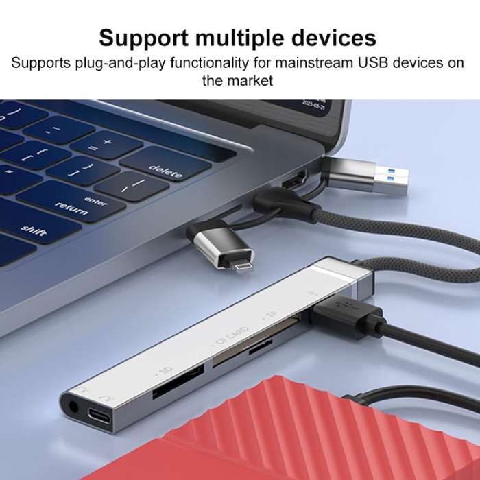 USB / Type-C / 8 Pin to CF / TF / SD Card Reader, 3.5mm HUB Adapter 6 in 1 Docking Station(Silver)