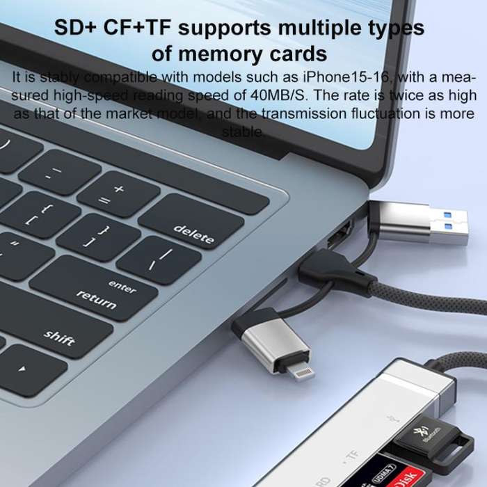 USB / Type-C / 8 Pin to CF / TF / SD Card Reader, 3.5mm HUB Adapter 6 in 1 Docking Station(Silver)