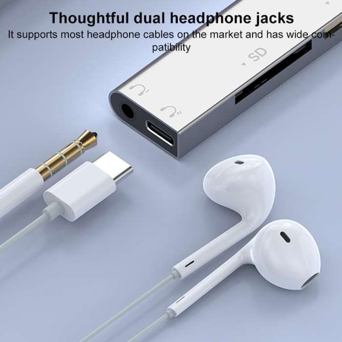 USB / Type-C / 8 Pin to CF / TF / SD Card Reader, 3.5mm HUB Adapter 6 in 1 Docking Station(Silver)