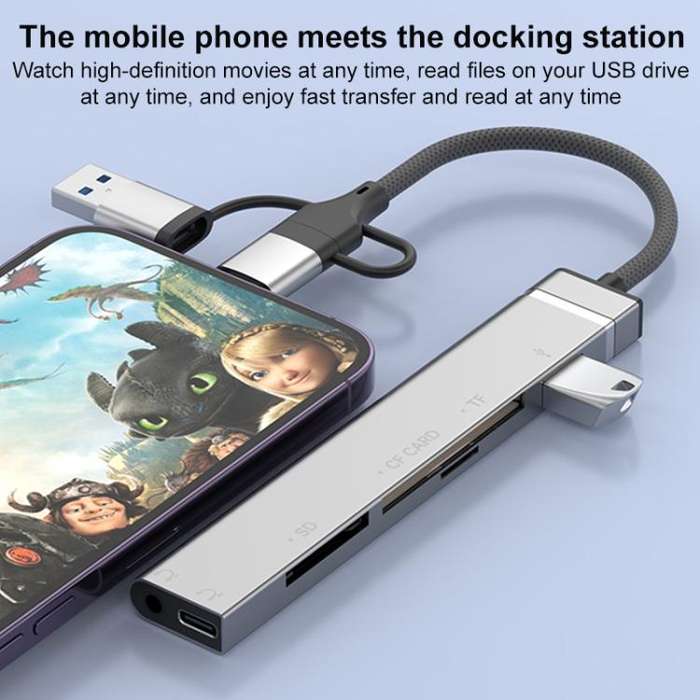 USB / Type-C / 8 Pin to CF / TF / SD Card Reader, 3.5mm HUB Adapter 6 in 1 Docking Station(Silver)