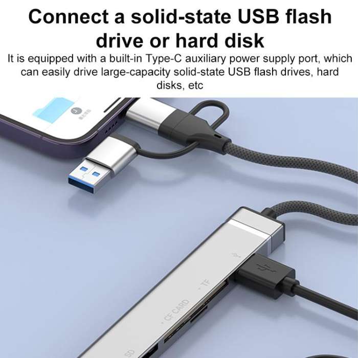 USB / Type-C / 8 Pin to CF / TF / SD Card Reader, 3.5mm HUB Adapter 6 in 1 Docking Station(Silver)