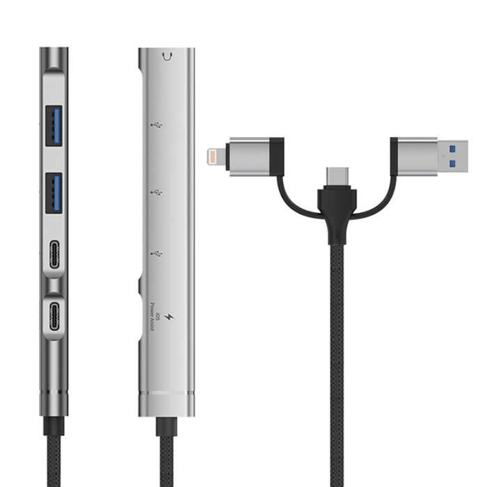 USB / Type-C / 8 Pin to PD, 2 x USB, 2 x Type-C HUB Adapter 5 in 1 Docking Station(Grey)