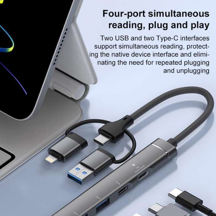 USB / Type-C / 8 Pin to PD, 2 x USB, 2 x Type-C HUB Adapter 5 in 1 Docking Station(Grey)