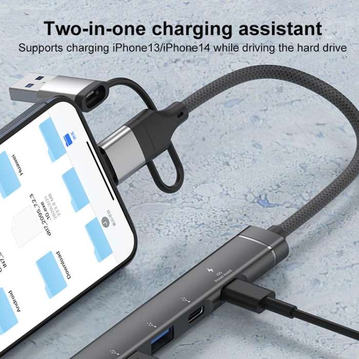 USB / Type-C / 8 Pin to PD, 2 x USB, 2 x Type-C HUB Adapter 5 in 1 Docking Station(Grey)