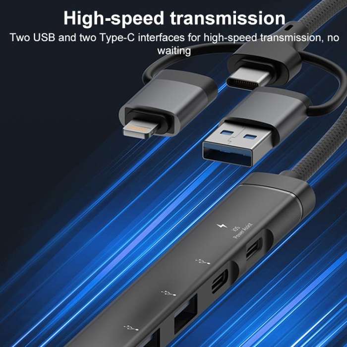 USB / Type-C / 8 Pin to PD, 2 x USB, 2 x Type-C HUB Adapter 5 in 1 Docking Station(Grey)