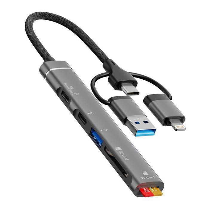 USB / Type-C / 8 Pin to TF / SD Card Reader, USB, Type-C HUB Adapter 5 in 1 Docking Station(Grey)