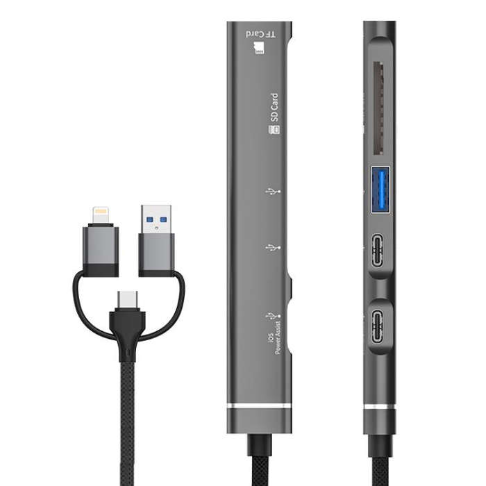 USB / Type-C / 8 Pin to TF / SD Card Reader, USB, Type-C HUB Adapter 5 in 1 Docking Station(Silver)
