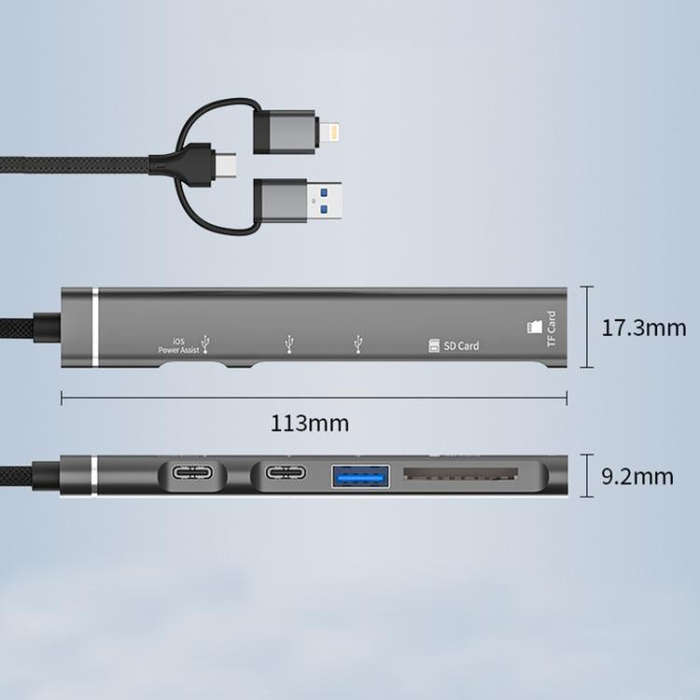 USB / Type-C / 8 Pin to TF / SD Card Reader, USB, Type-C HUB Adapter 5 in 1 Docking Station(Silver)