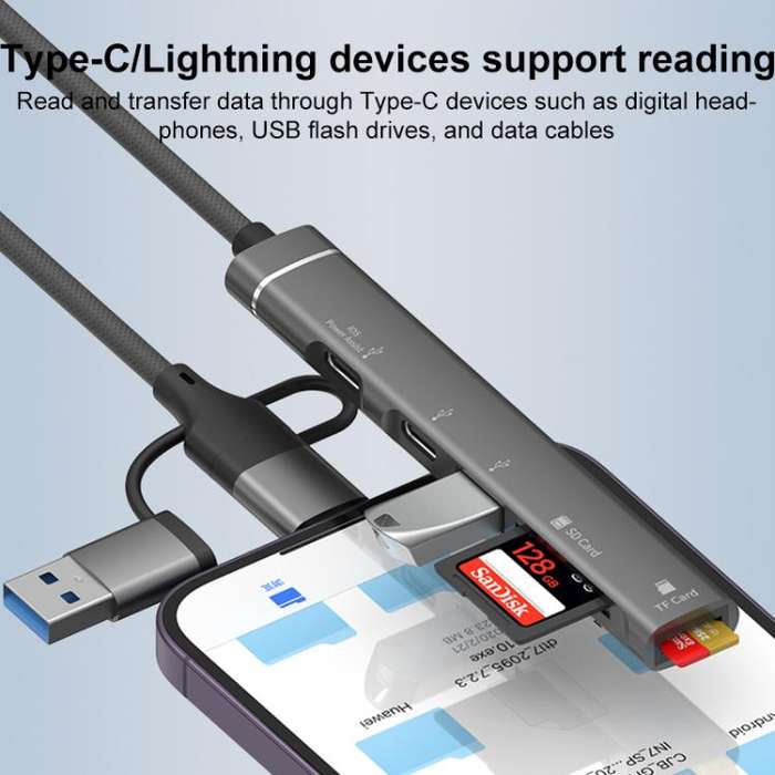USB / Type-C / 8 Pin to TF / SD Card Reader, USB, Type-C HUB Adapter 5 in 1 Docking Station(Grey)
