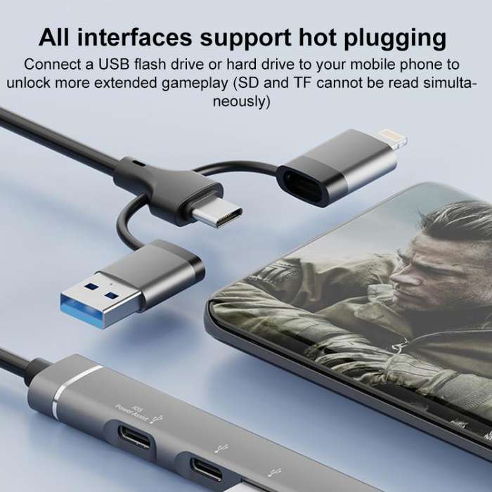 USB / Type-C / 8 Pin to TF / SD Card Reader, USB, Type-C HUB Adapter 5 in 1 Docking Station(Grey)