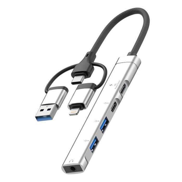 USB / Type-C / 8 Pin to 3.5mm, PD, 2 x USB, Type-C HUB Adapter 5 in 1 Docking Station(Silver)