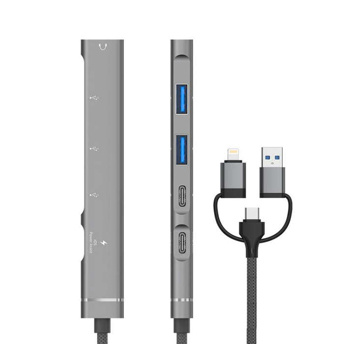 USB / Type-C / 8 Pin to 3.5mm, PD, 2 x USB, Type-C HUB Adapter 5 in 1 Docking Station(Silver)