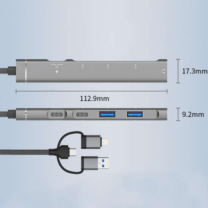 USB / Type-C / 8 Pin to 3.5mm, PD, 2 x USB, Type-C HUB Adapter 5 in 1 Docking Station(Silver)