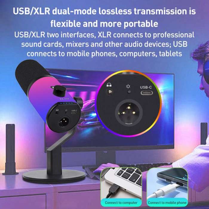 XTUGA ZX-777 XLR / USB-C Dynamic Microphone RGB Light Noise Reduction for Live, Model:Long Arm Br...