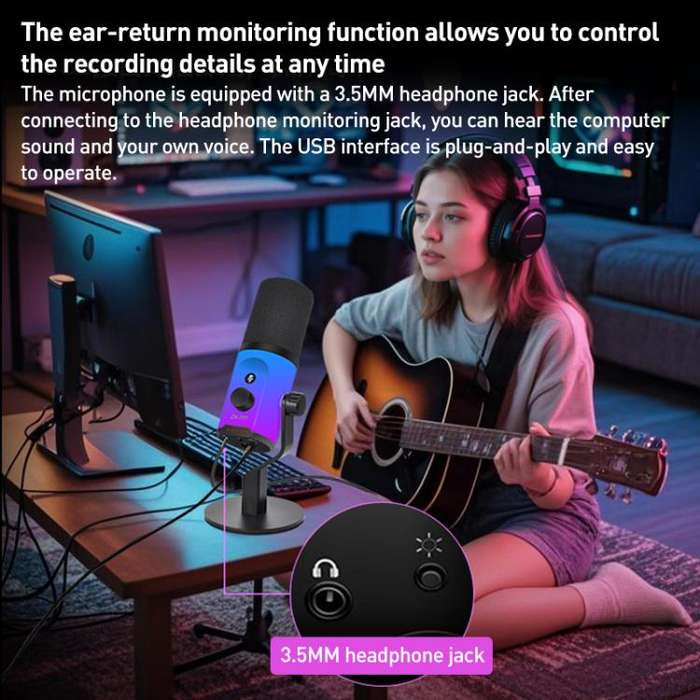 XTUGA ZX-777 XLR / USB-C Dynamic Microphone RGB Light Noise Reduction for Live, Model:Desktop(Black)