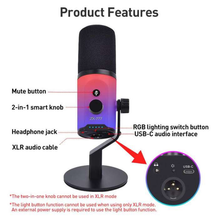 XTUGA ZX-777 XLR / USB-C Dynamic Microphone RGB Light Noise Reduction for Live, Model:Desktop(Black)