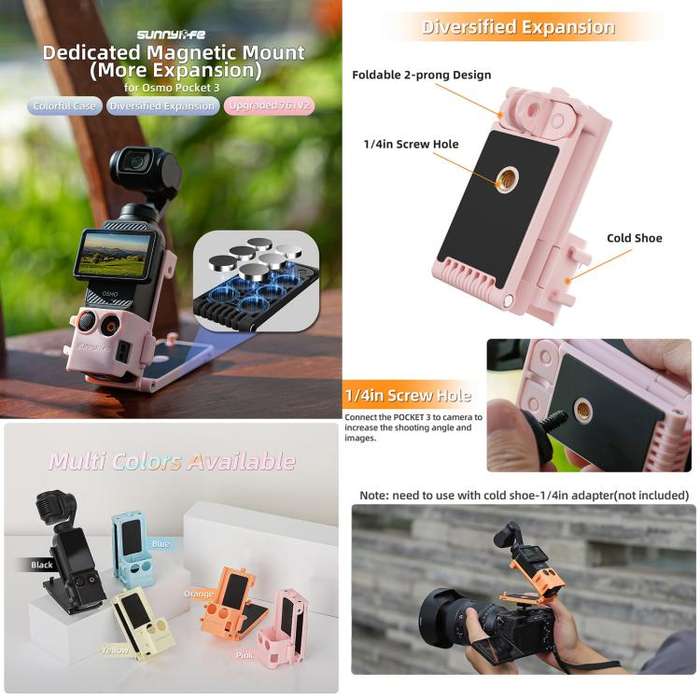 For DJI OSMO Pocket 3 Sunnylife Magnetic Mount 1/4 Adapter Cold Shoe Tabletop Base Bracket Angles...