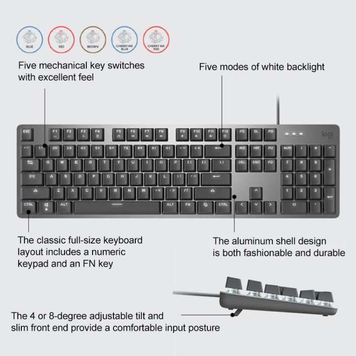 Logitech K845 Backlit Mechanical Wired Keyboard, Cable Length: 1.8m, Type:TTC-Blue Axis(Black)