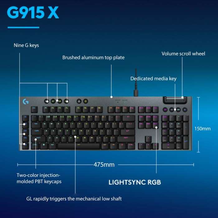 Logitech G915 X Wired Low Profile Gaming Keyboard(Black Tactile)