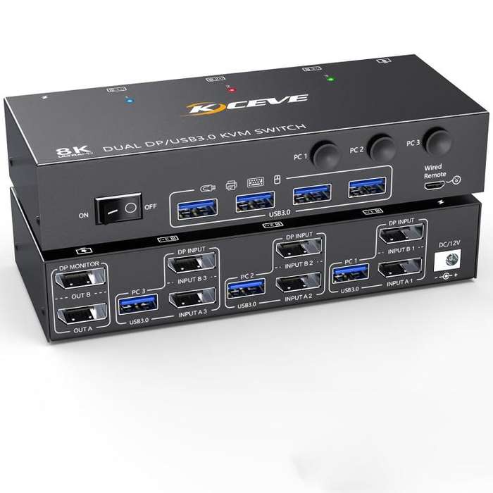 KCEVE KC-KVM302DP USB 3.0 Dual Monitor 8K 30Hz KVM Switch, Plug Type:EU Plug