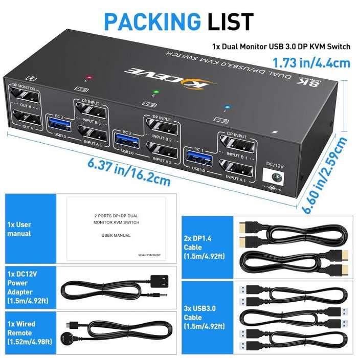 KCEVE KC-KVM302DP USB 3.0 Dual Monitor 8K 30Hz KVM Switch, Plug Type:UK Plug