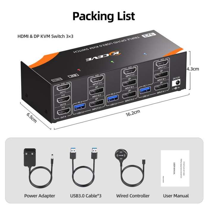 KCEVE KC-KVM303 USB 3.0 Dual Monitor 8K 60Hz KVM Switch, Plug Type:UK Plug