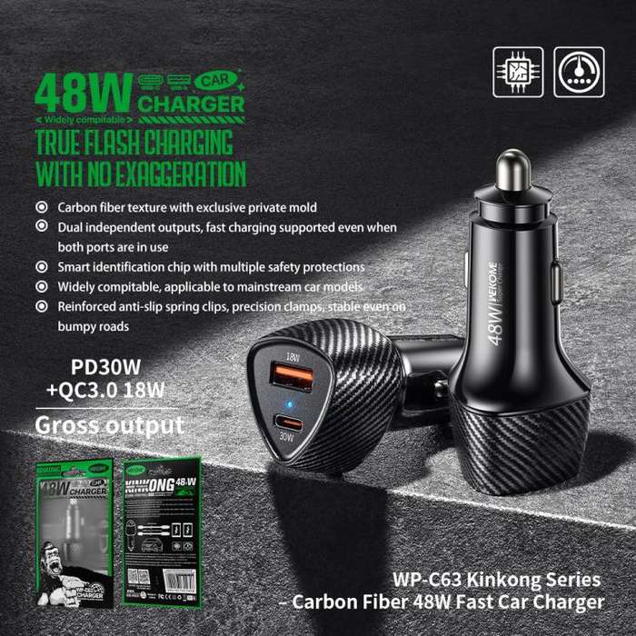 WK WP-C63 Carbon Fiber 48W Fast Car Charging Charger(Black)