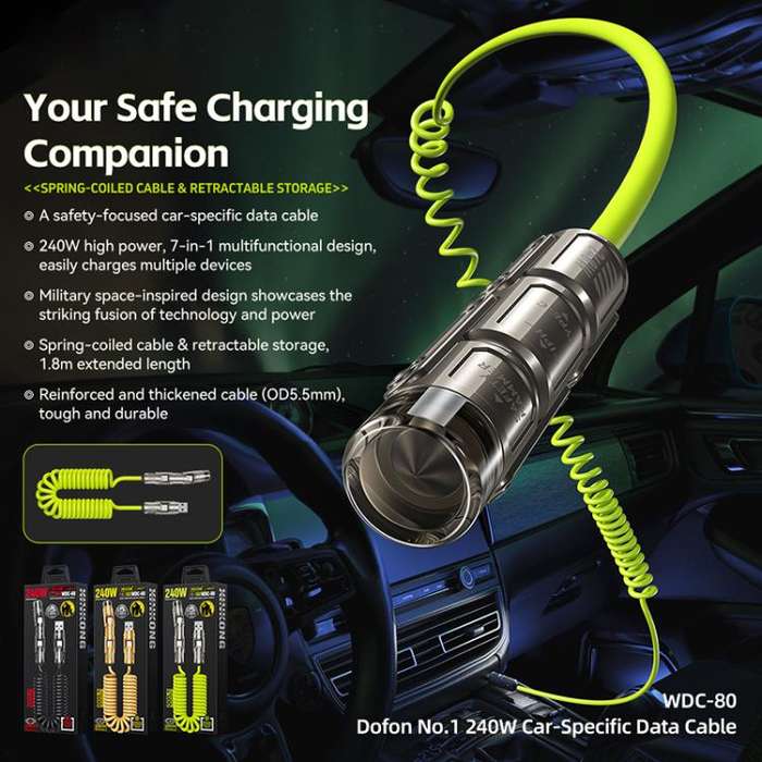 WK WDC-80 240W Car Charging Data Cable with Safety Hammer(Champagne Gold)