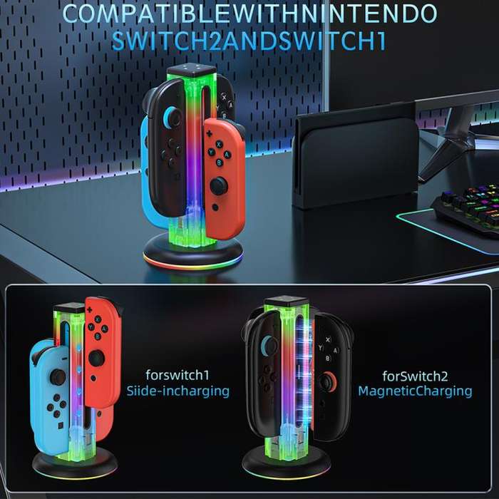 For Nintendo Switch 1 / 2 JYS NS2318 4 in 1 Game Controller Charging Dock with RGB Light(Transpar...