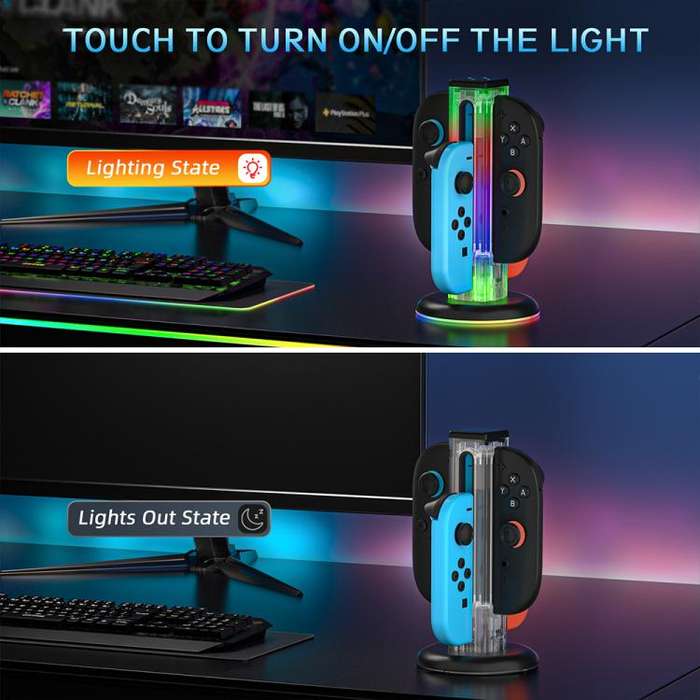 For Nintendo Switch 1 / 2 JYS NS2318 4 in 1 Game Controller Charging Dock with RGB Light(Transpar...