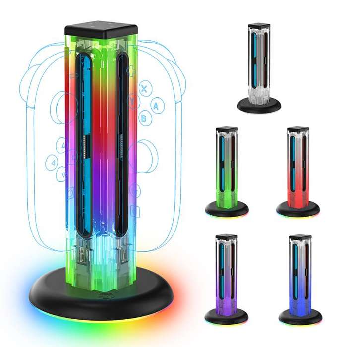 For Nintendo Switch 1 / 2 JYS NS2318 4 in 1 Game Controller Charging Dock with RGB Light(Transpar...