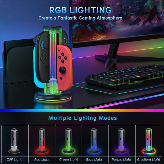 For Nintendo Switch 1 / 2 JYS NS2318 4 in 1 Game Controller Charging Dock with RGB Light(Transpar...