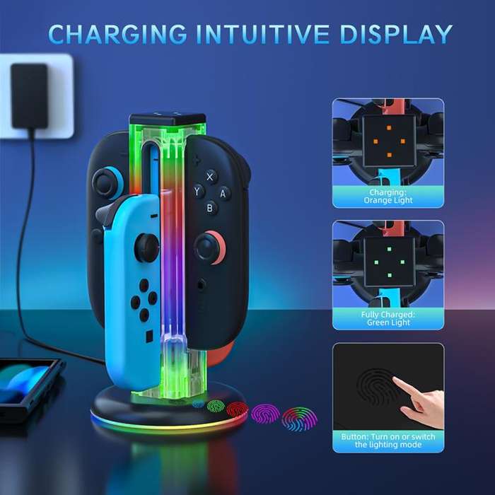 For Nintendo Switch 1 / 2 JYS NS2318 4 in 1 Game Controller Charging Dock with RGB Light(Transpar...