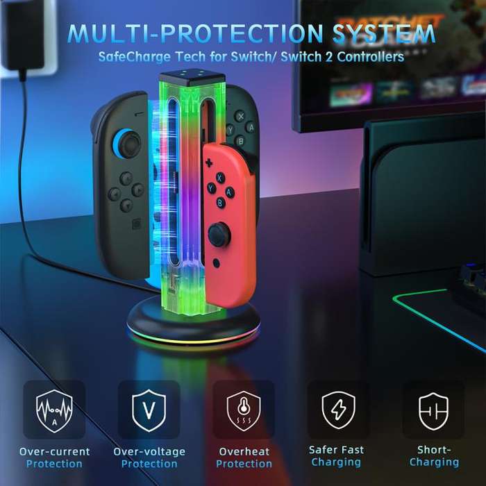 For Nintendo Switch 1 / 2 JYS NS2318 4 in 1 Game Controller Charging Dock with RGB Light(Transpar...