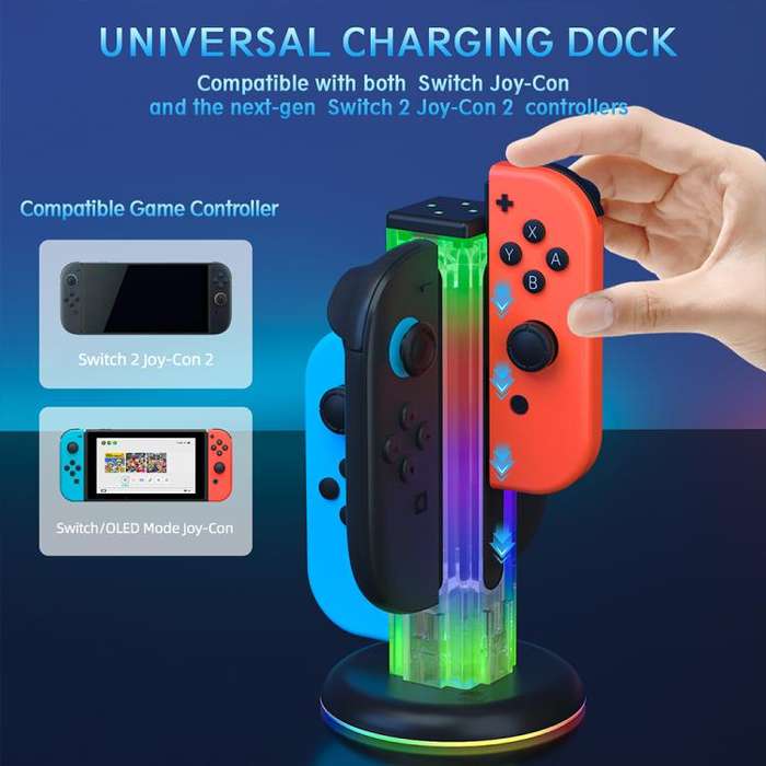 For Nintendo Switch 1 / 2 JYS NS2318 4 in 1 Game Controller Charging Dock with RGB Light(Transpar...